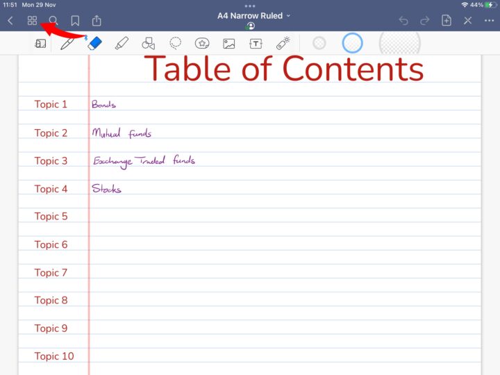 An iPad screenshot in GoodNotes showing the Four Squared icon that brings up document thumbnails