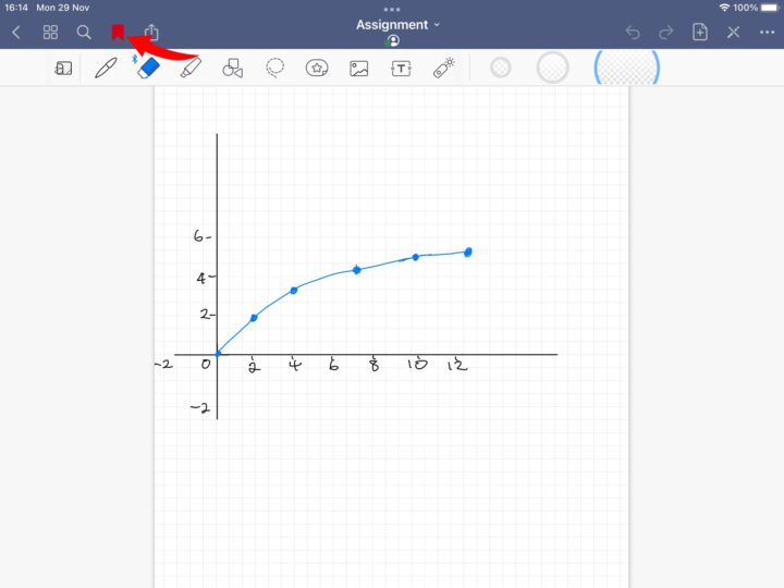 An iPad screenshot of GoodNotes showing a bookmark icon
