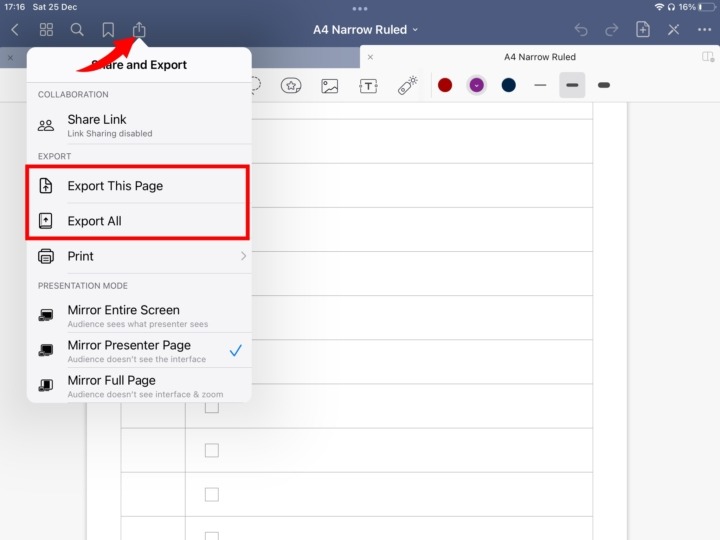 An image showing exporting your notes in GoodNotes from the workspace