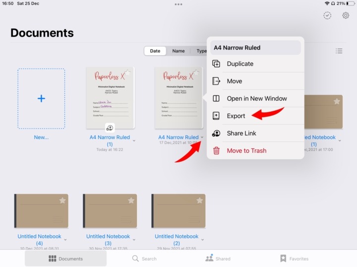 An image showing exporting your notes in GoodNotes from the Homepage