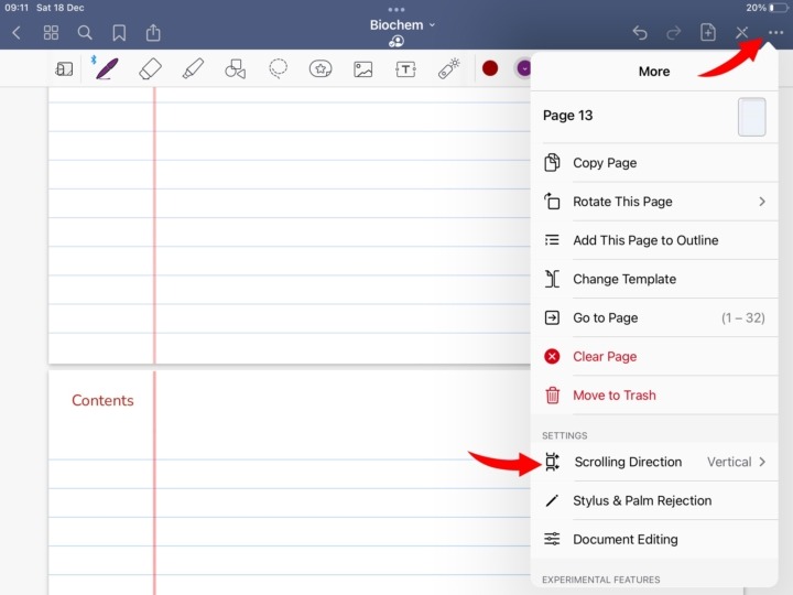 An iPad screenshot in GoodNotes showing the Three Dots icon and Scrolling Direction command.