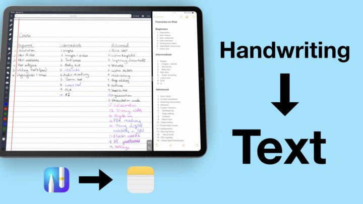 iPad Pro showing handwritten notes in Noteful (left) and the same notes as text in Apple Notes (right)